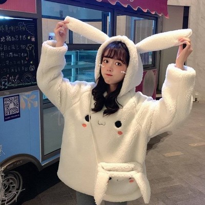 Kawaii warm bunny hoodies in pink and white