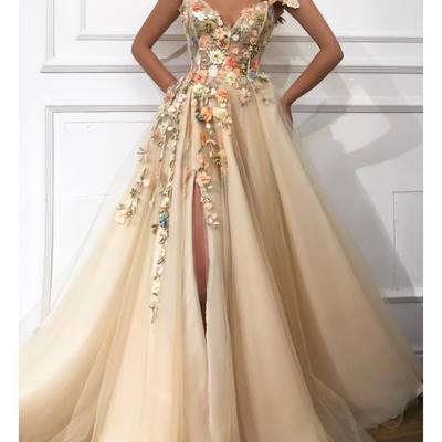 Romantic flowers slit prom dresses champagne bead a-line evening gowns,29 - Thumbnail 5