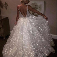 Bling Open Back Sleeveless Prom Dresses A-Line Shiny Evening Gowns,31 - Thumbnail 1