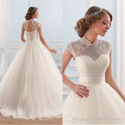 Elegant ball gown wedding dresses princess sheer high neck cap sleeves cut out corset back soft tulle bridal gowns,32