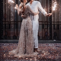 Marvelous A-Line Round Neck Open Back Long Sleeves Sequins Wedding Dresses - Thumbnail 2