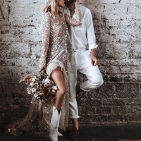 Marvelous A-Line Round Neck Open Back Long Sleeves Sequins Wedding Dresses - Thumbnail 4