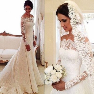 Lace long sleeves wedding dresses off shoulder elegant a-line bridal dresses,33 - Thumbnail 5