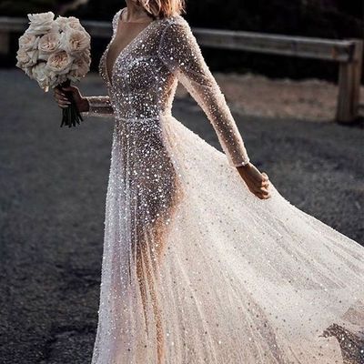Sparking white see-through bing bling bridal dress long sleeves wedding dresses - Thumbnail 4