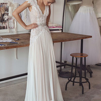 A-Line V-Neck Cap Sleeves Backless Chiffon Wedding Dress Beach Wedding Dress,34 - Thumbnail 2