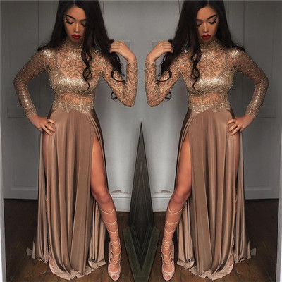 High neck champagne gold sexy evening dress splits long sleeve illusion prom dress,35 - Thumbnail 5
