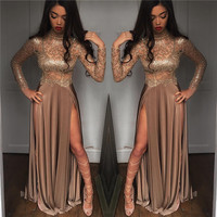 High Neck Champagne Gold Sexy Evening Dress Splits Long Sleeve Illusion Prom Dress,35 - Thumbnail 1