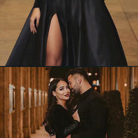 Elegant A-Line V Neck Long Sleeves Black Satin Prom Eveing Dresses with Split - Thumbnail 2