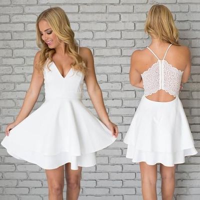 A-line spaghetti straps white homecoming dress with lace,36