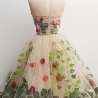 Vintage Style A-Line Scoop Knee-Length Champagne Homecoming Dress with Red Flowers,38 - Thumbnail 1