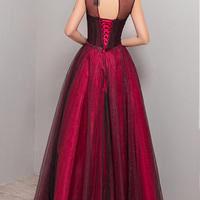 Burgundy Tulle Long A Line Evening Dress, Prom Dress With Applique,40 - Thumbnail 2