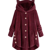 Kawaii Cat Ears Hooded Plush Coat - Thumbnail 4