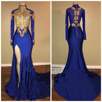 Royal Blue and Gold Prom Dresses Long Sleeves Side Slit Evening Gowns,41 - Thumbnail 1