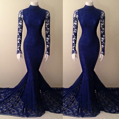 Navy Blue Lace Mermaid High Neck Prom Dress With Long Sleeves Evening Dresses,42
