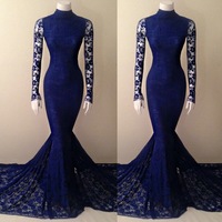 Navy Blue Lace Mermaid High Neck Prom Dress With Long Sleeves Evening Dresses,42 - Thumbnail 2