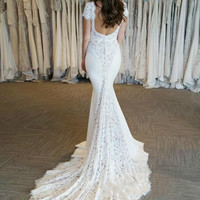 Elegant Cap Sleeve Mermaid V-Neck Lace Applique Wedding Dresses,43 - Thumbnail 1