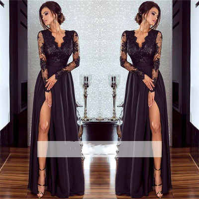 A-line Long Sleeves V-neck Split Floor-length Lace Appliques Prom Dresses,45