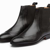 Classic Black Oxfords British Looks Ankle High Wingtip Handmade Leather Boot - Thumbnail 1