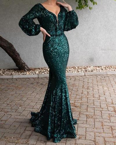 Sparkly Green Long Sleeve Evening Dresses.Charming V-Neck Backless Mermaid Formal Evening Gowns