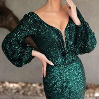 Sparkly Green Long Sleeve Evening Dresses.Charming V-Neck Backless Mermaid Formal Evening Gowns - Thumbnail 2