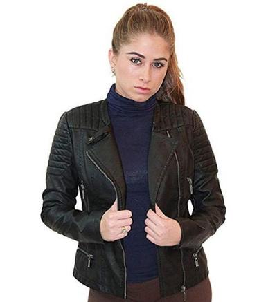 Womens Moto Biker Faux Leather Moto Biker Jacket with Pockets Dry Clean Black Stylish
