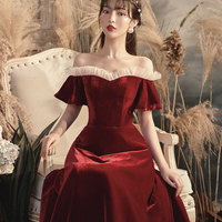 Burgundy velvet long prom dress evening dress - Thumbnail 2