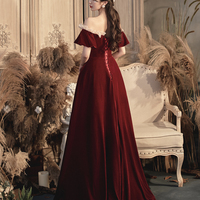 Burgundy velvet long prom dress evening dress - Thumbnail 4
