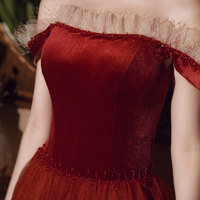 Burgundy velvet tulle long prom dress evening dress - Thumbnail 2