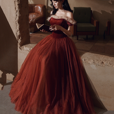 Burgundy velvet tulle long prom dress evening dress - Thumbnail 4