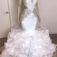 Spaghetti Straps Mermaid Ruffles White Prom Dresses Cheap Sleeveless Open Back Tiered Tulle Sexy Evening Gowns,48 - Thumbnail 1