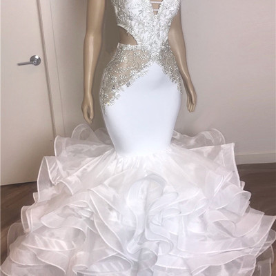 Spaghetti straps mermaid ruffles white prom dresses cheap sleeveless open back tiered tulle sexy evening gowns,48 - Thumbnail 5