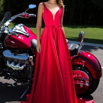 Elegant a line red see through back long v neck prom dresses evening dresses - Thumbnail 5