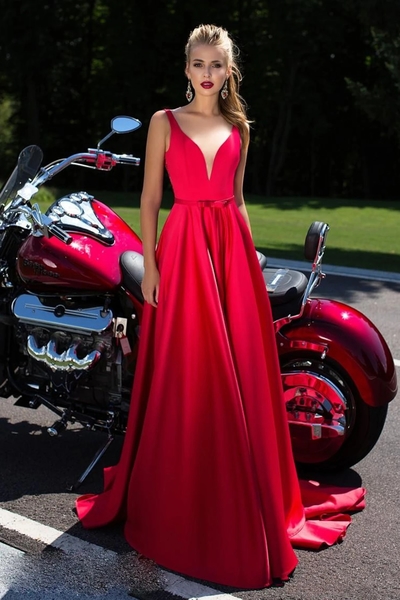 Elegant A Line Red See Through Back Long V Neck Prom Dresses Evening Dresses