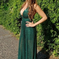 Sparkly A Line V Neck Floor Length Sequins Long Green Prom Dress Evening Dress - Thumbnail 1