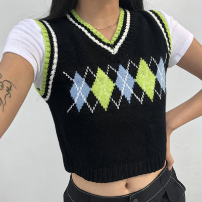 Free shipping-90s argyle vest - Thumbnail 5