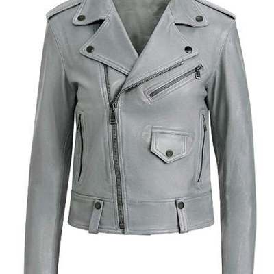 Women's gray biker moto lambskin leather jacket with 100% polyester lining