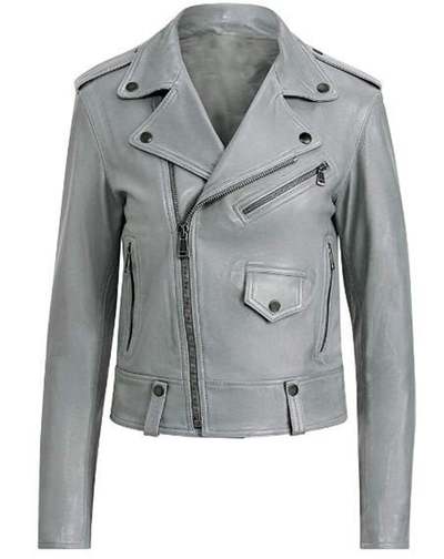 Women's Gray biker Moto Lambskin Leather Jacket with 100% Polyester lining