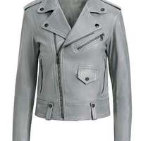 Women's Gray biker Moto Lambskin Leather Jacket with 100% Polyester lining - Thumbnail 4