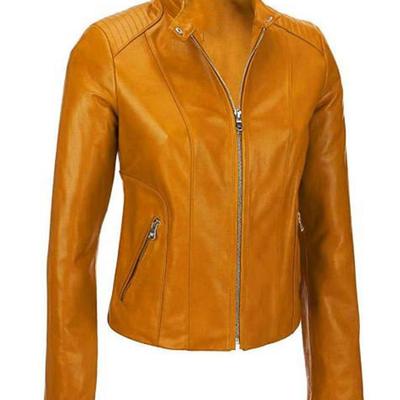 Women's tan biker moto lambskin leather jacket with 100% polyester lining