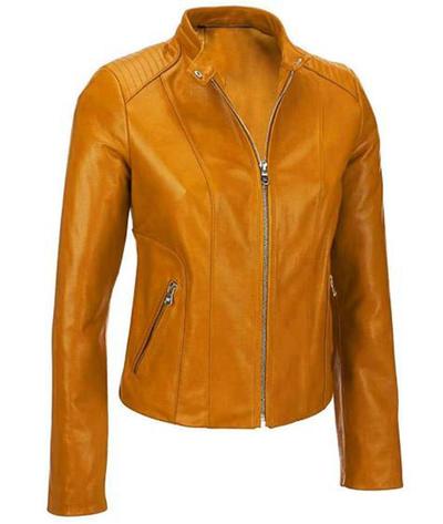 Women's Tan biker Moto Lambskin Leather Jacket with 100% Polyester lining