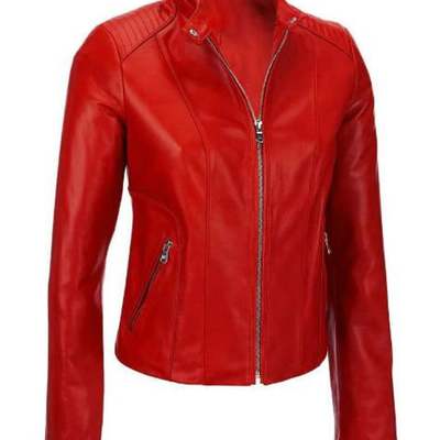Women's red biker moto lambskin leather jacket with 100% polyester lining