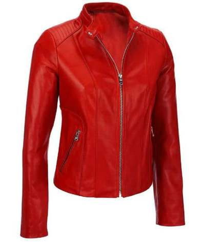 Women's Red biker Moto Lambskin Leather Jacket with 100% Polyester lining