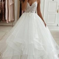 Ball Gown V Neck Spaghetti Straps Lace Wedding Dresses with Beading - Thumbnail 1
