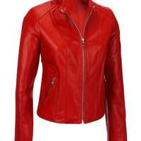 Women's Red biker Moto Lambskin Leather Jacket with 100% Polyester lining - Thumbnail 4