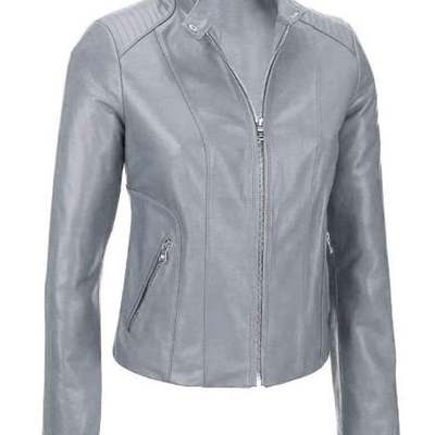 Women's gray biker moto lambskin leather jacket with 100% polyester lining