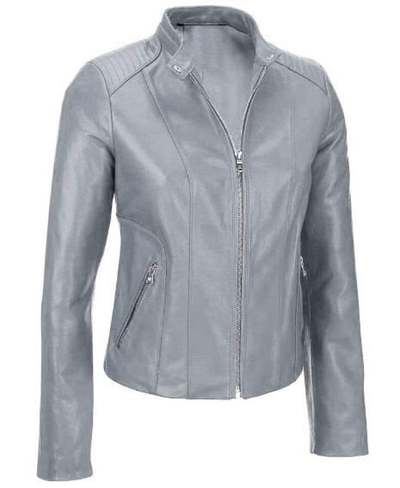 Women's Gray biker Moto Lambskin Leather Jacket with 100% Polyester lining