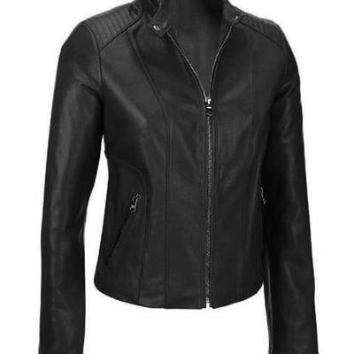 Women's black biker moto lambskin leather jacket with 100% polyester lining