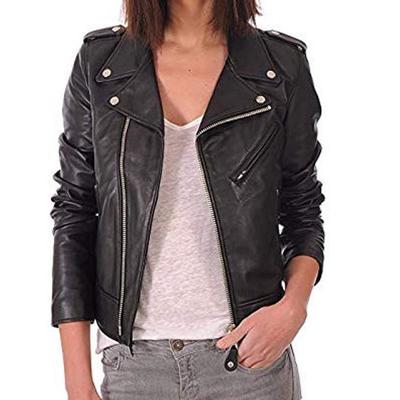 Moto biker lambskin leather jacket zipper closure soft stylish slimfit for women's black