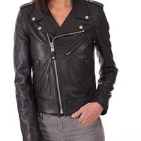 Moto Biker Lambskin Leather Jacket Zipper closure Soft Stylish Slimfit for Women's Black - Thumbnail 1
