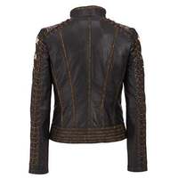 Womens Vintage Cafe Racer Punk Star Motorcycle Distressed Brown Leather Jacket - Thumbnail 1